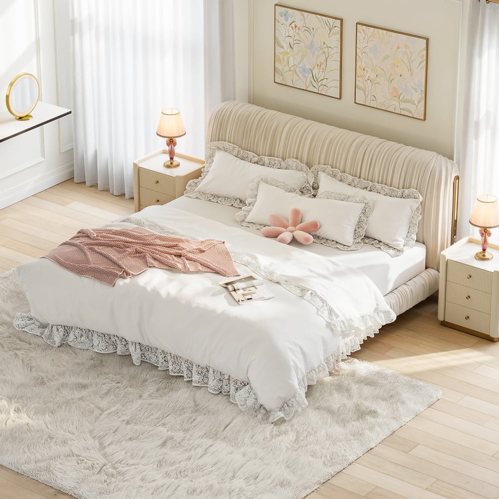 King Size Velvet Ruched Upholstered Bed Frame with Light & Charging Station window image