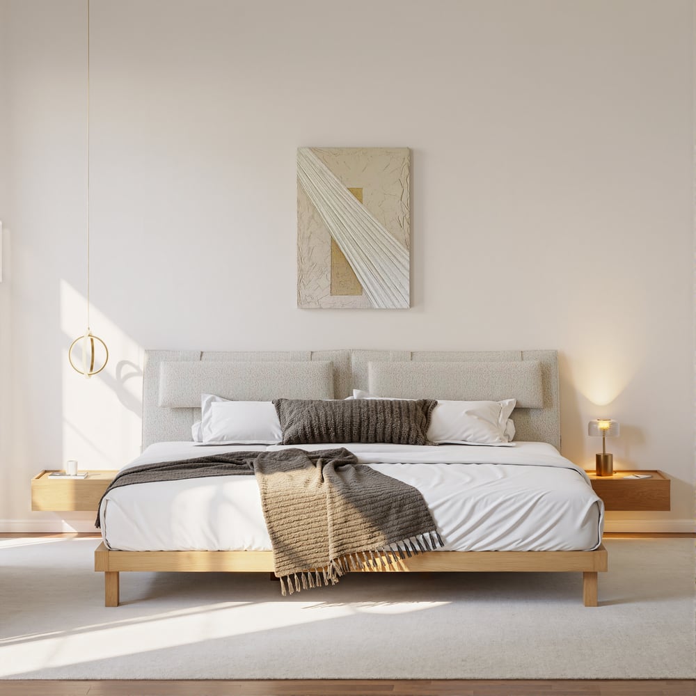 King Size Linen Bed with Floating Nightstands Bedroom Set window image