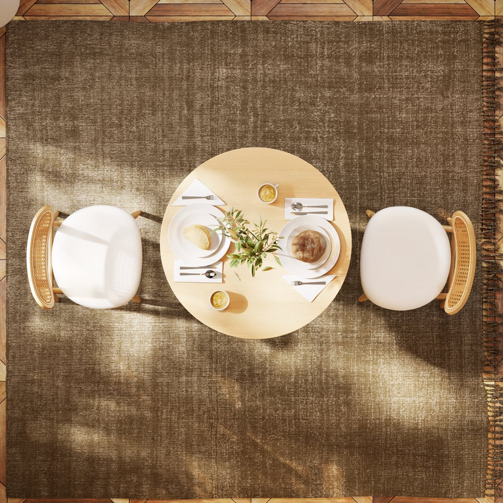 31,5 „Japandi Style kulatý dřevěný jídelní stůl přírodní sedadla pro 2 osoby obrázek okna