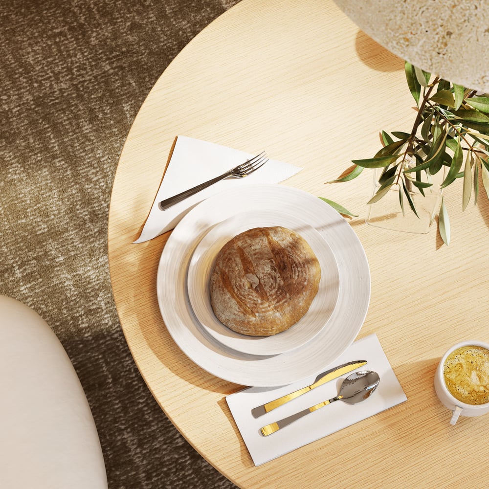 31,5 „Japandi Style kulatý dřevěný jídelní stůl přírodní sedadla pro 2 osoby obrázek okna