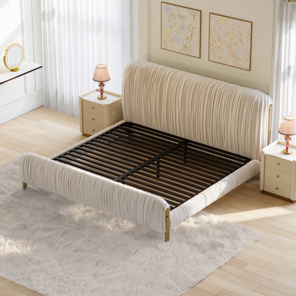 King Size Velvet Ruched Upholstered Bed Frame with Light & Charging Station window image