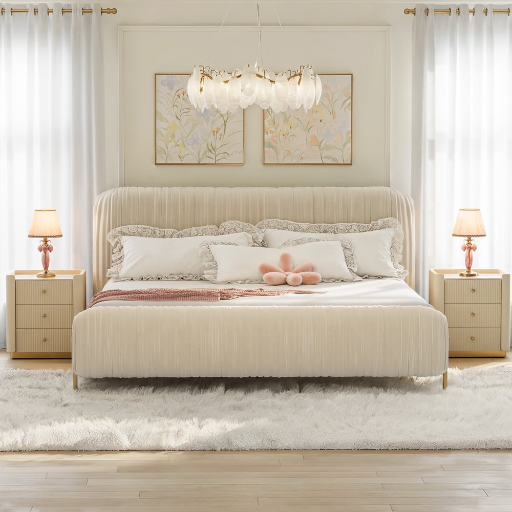 King Size Velvet Ruched Upholstered Bed Frame with Light & Charging Station window image