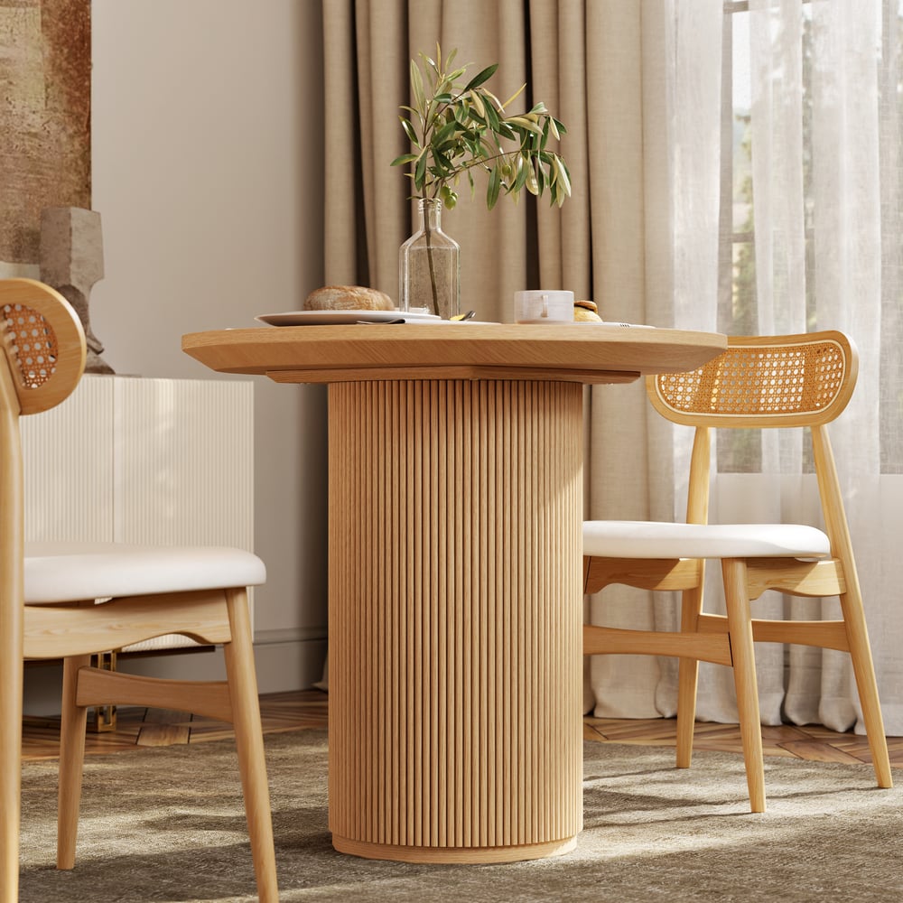 31,5 „Japandi Style kulatý dřevěný jídelní stůl přírodní sedadla pro 2 osoby obrázek okna