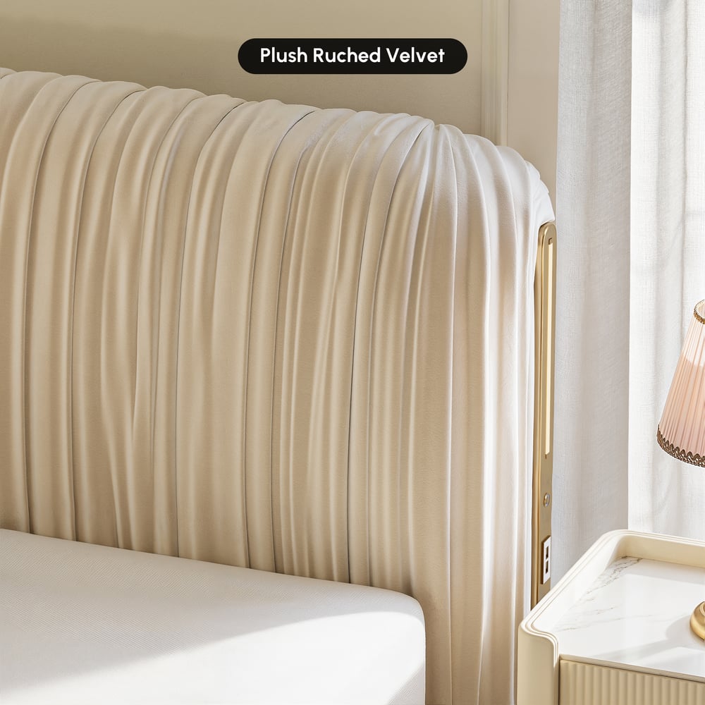 King Size Velvet Ruched Upholstered Bed Frame with Light & Charging Station window image