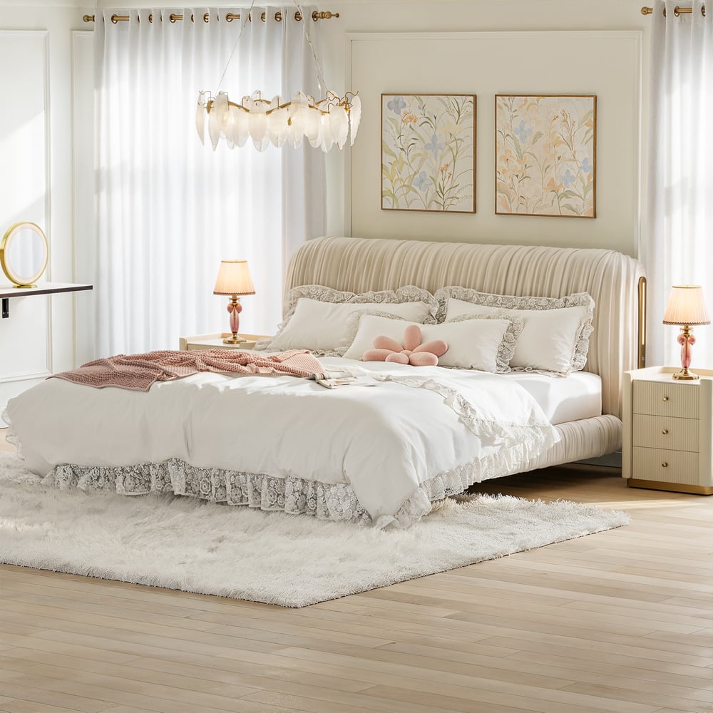 King Size Velvet Ruched Upholstered Bed Frame with Light & Charging Station window image