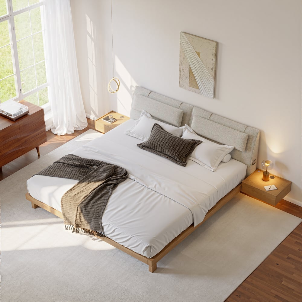 King Size Linen Bed with Floating Nightstands Bedroom Set window image
