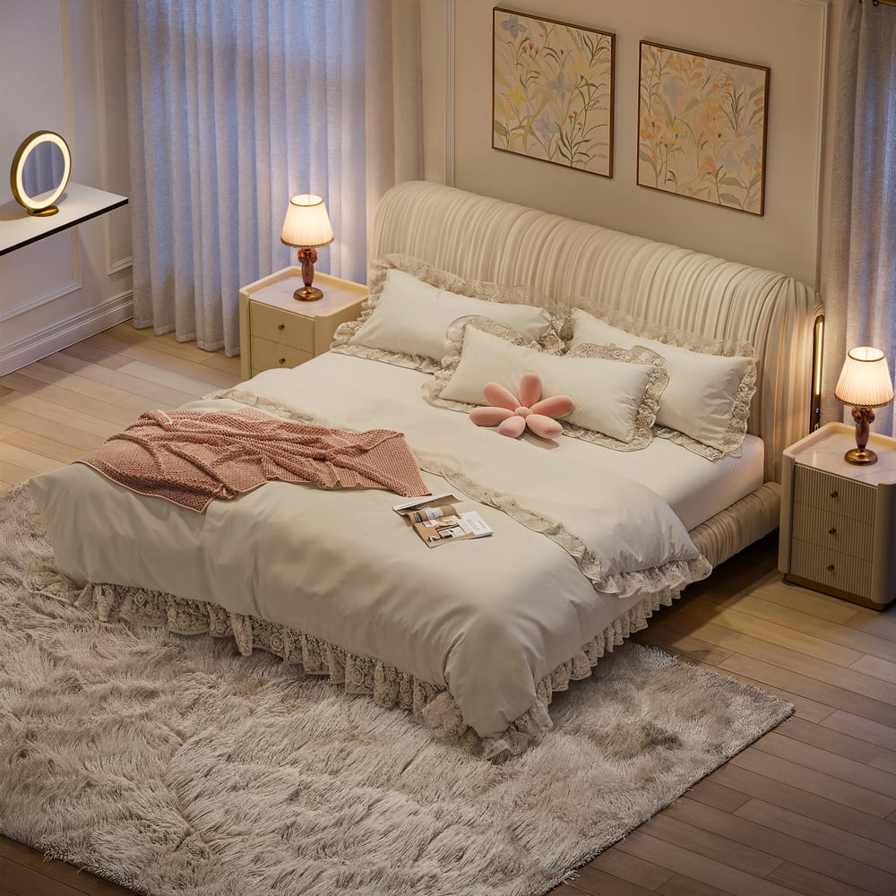 King Size Velvet Ruched Upholstered Bed Frame with Light & Charging Station window image