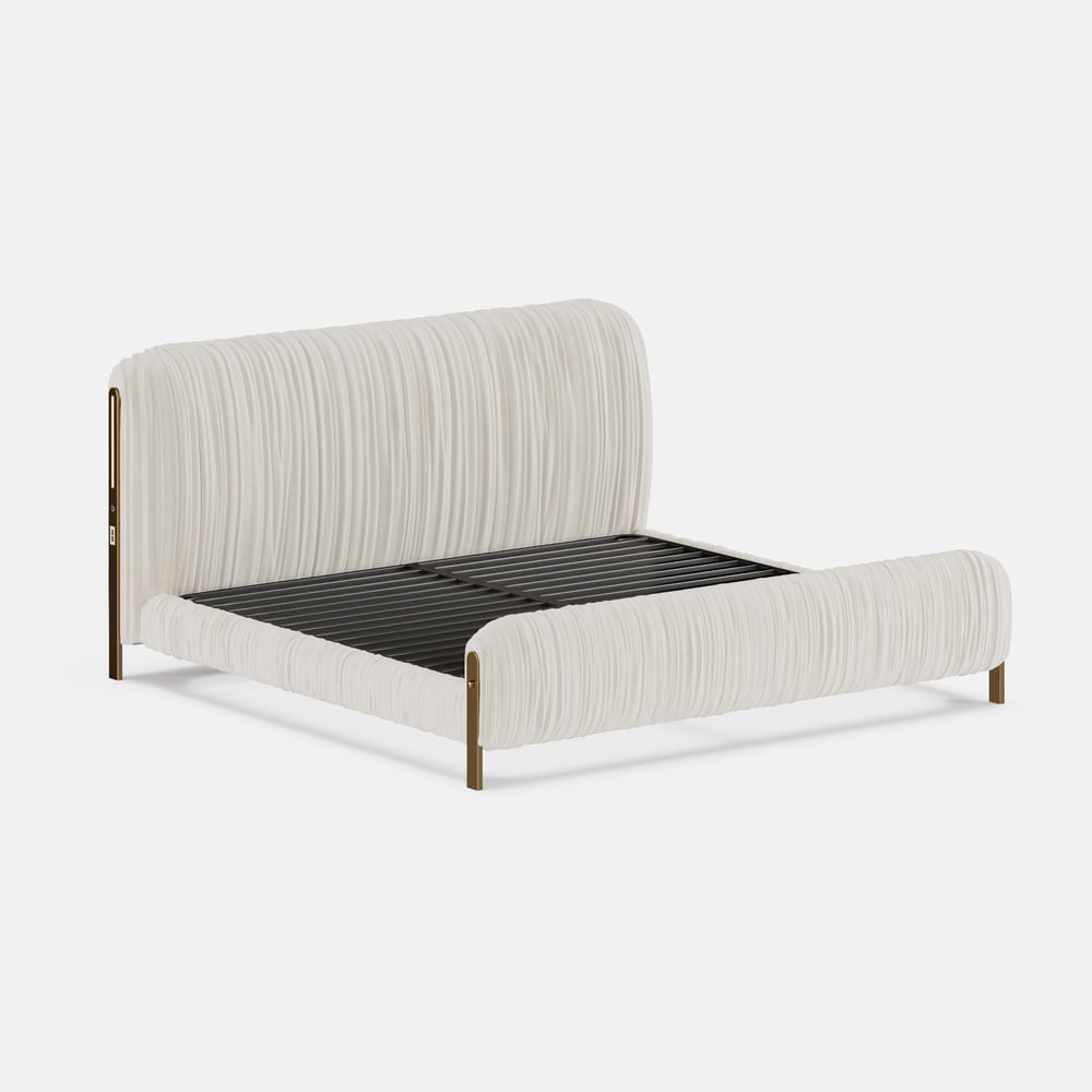 King Size Velvet Ruched Upholstered Bed Frame with Light & Charging Station window image