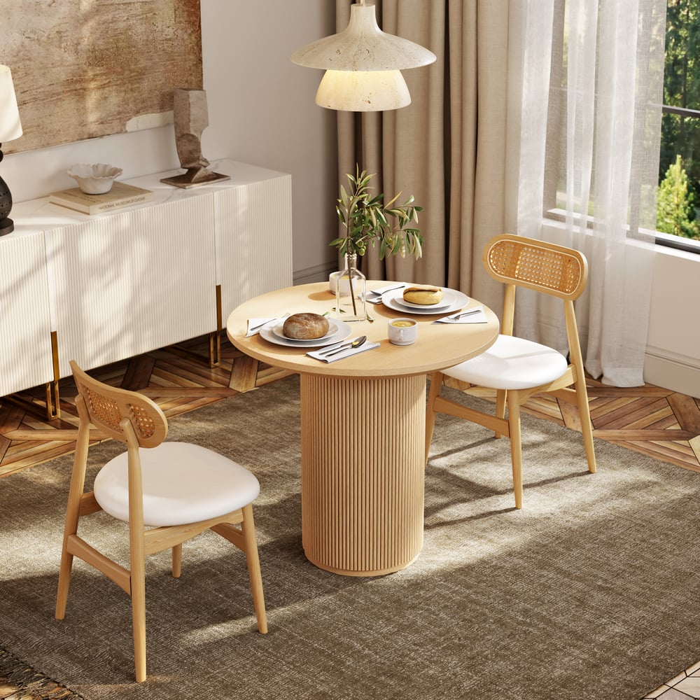 Questions and Answers for 31.5" Japandi Style Round Wood Dining Table Natural Seats 2 People