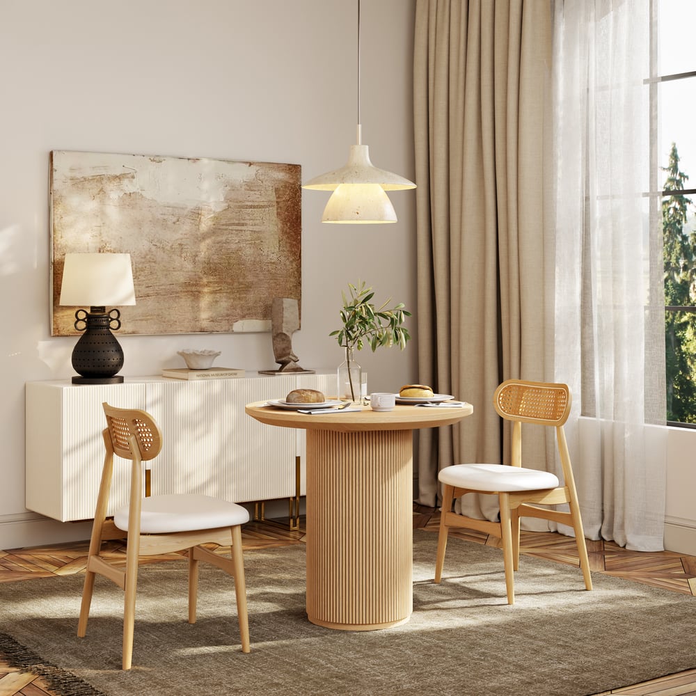 Questions and Answers for 31.5" Japandi Style Round Wood Dining Table Natural Seats 2 People