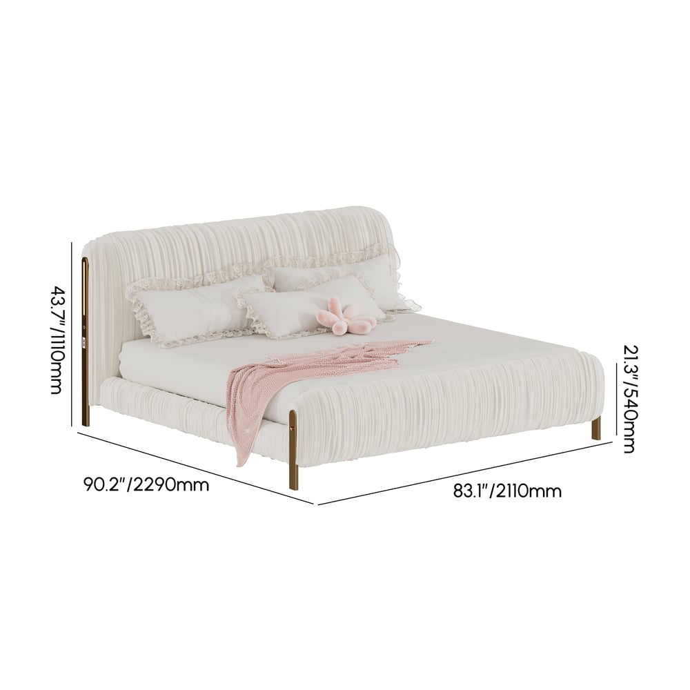 King Size Velvet Ruched Upholstered Bed Frame with Light & Charging Station weights dimensions image