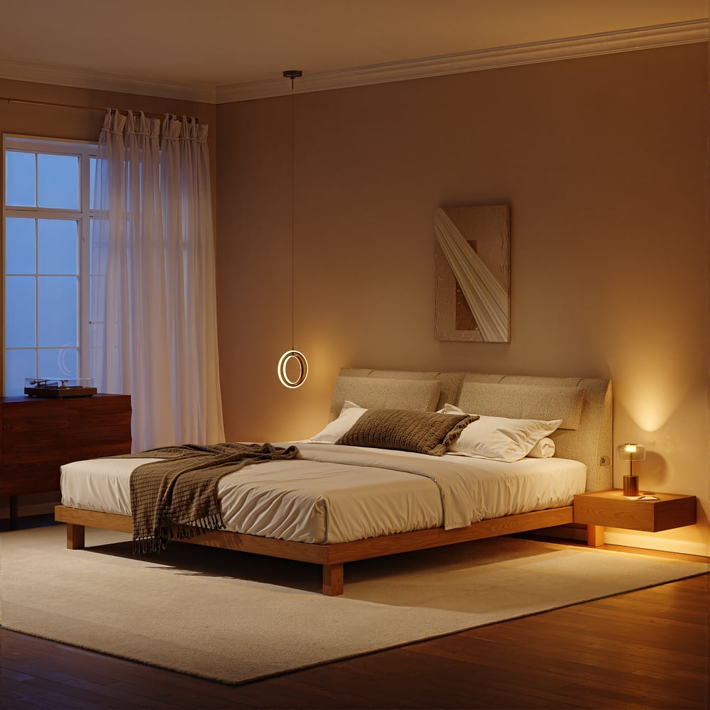 King Size Linen Bed with Floating Nightstands Bedroom Set window image