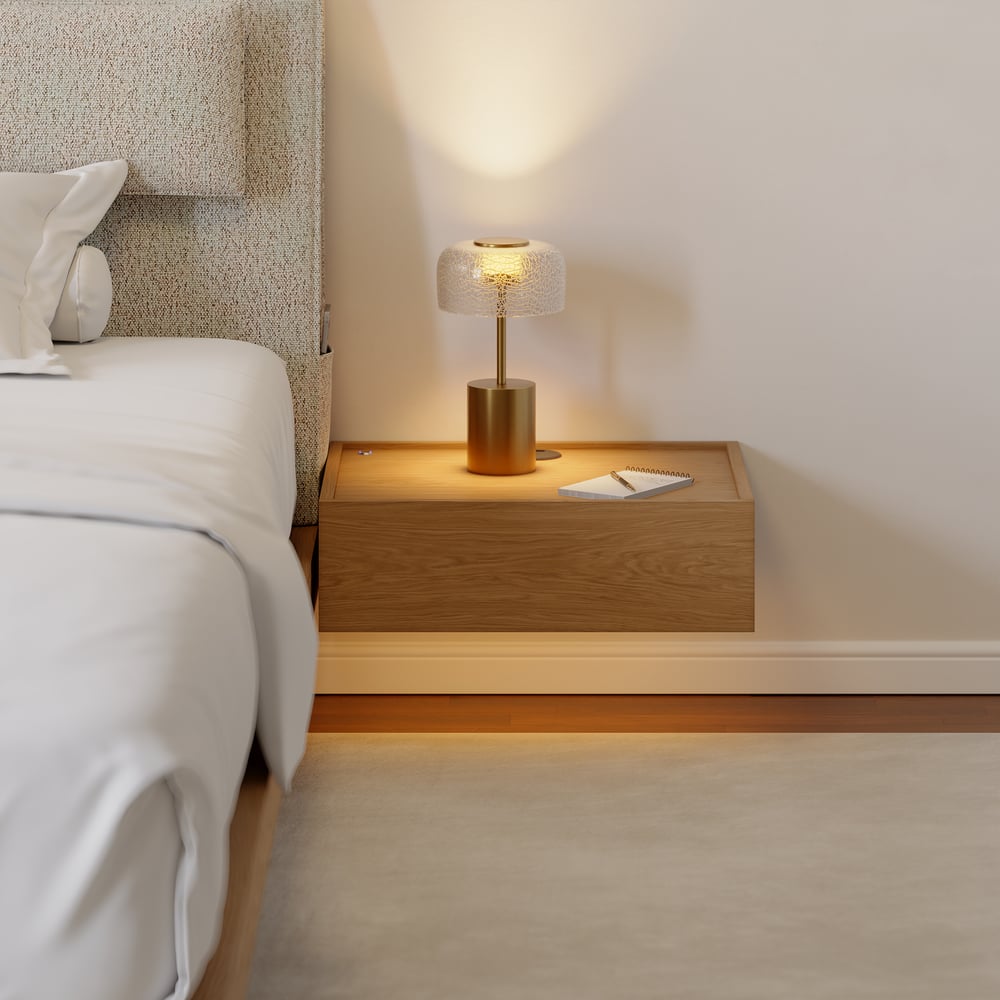 King Size Linen Bed with Floating Nightstands Bedroom Set window image