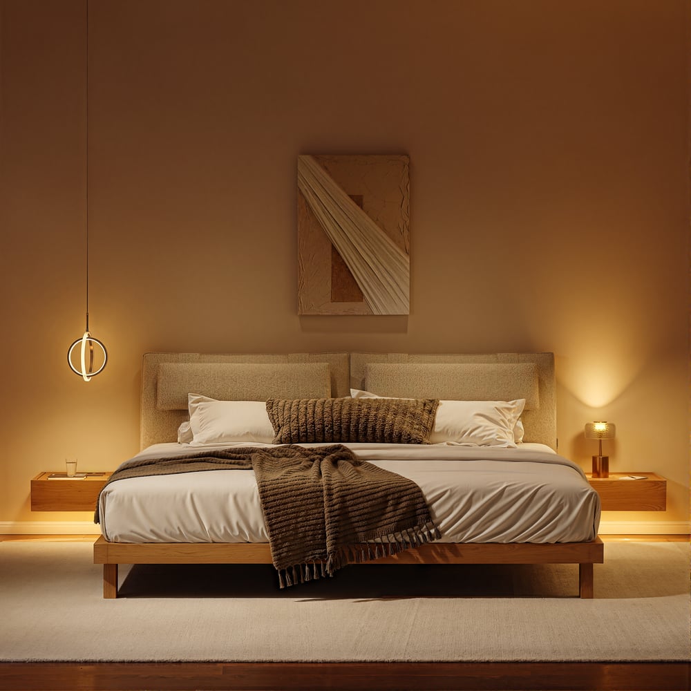 King Size Linen Bed with Floating Nightstands Bedroom Set window image