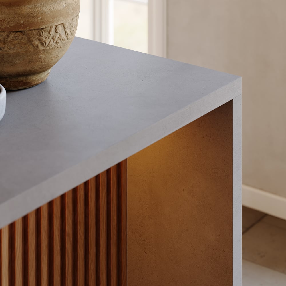 Ilha de cozinha moderna em cascata de 1800 mm com luz e armazenamento Imagem da janela