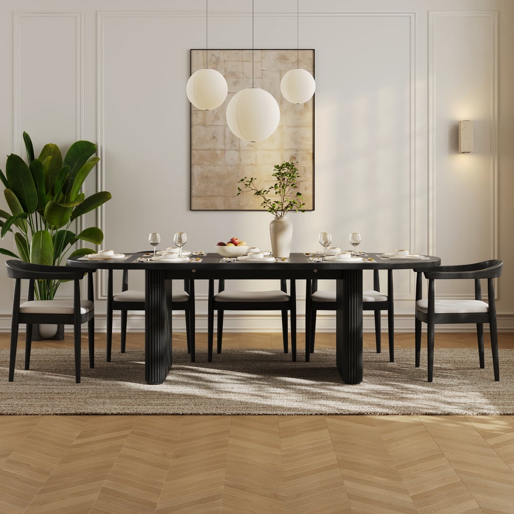 Table de salle à manger ovale extensible noire Fluve, 2 000 mm à 2 400 mm, feuille de papillon, 6 à 10 places image de fenêtre