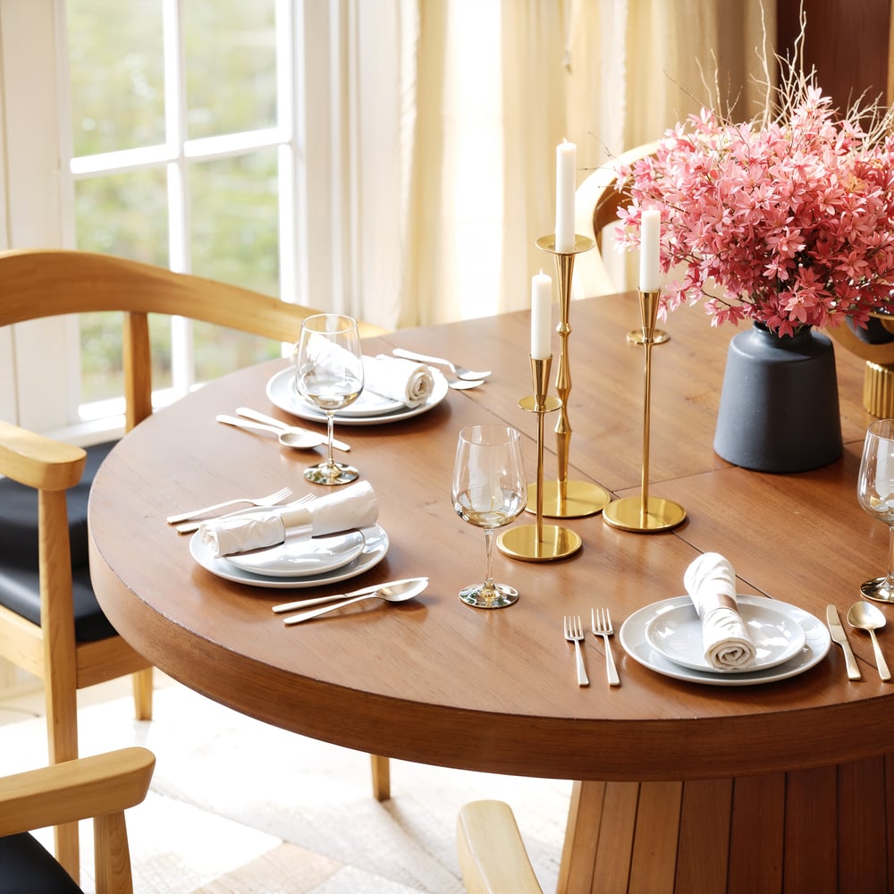 Mesa de comedor ovalada y redonda con pedestal extensible para 6 personas, nogal japonés imagen de ventana