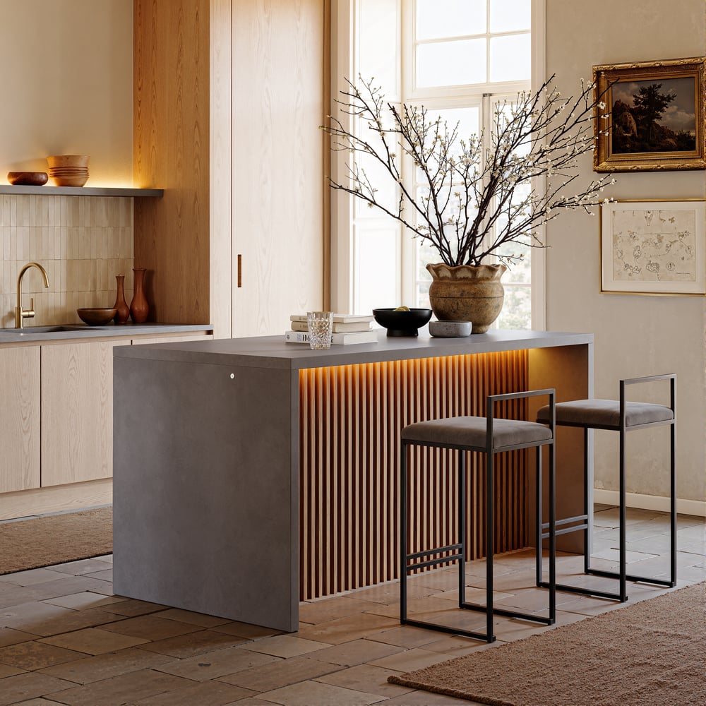 Ilha de cozinha moderna em cascata de 1800 mm com luz e armazenamento Imagem da janela