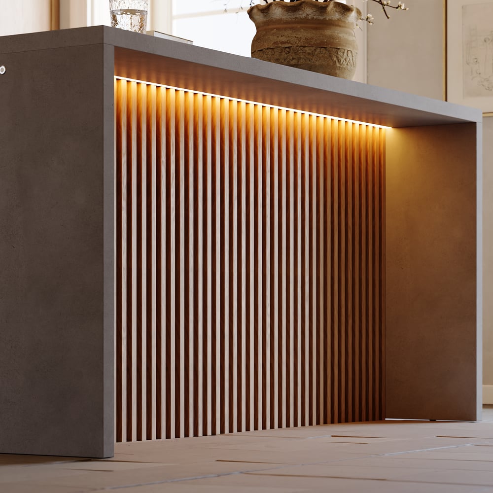 Ilha de cozinha moderna em cascata de 1800 mm com luz e armazenamento Imagem da janela