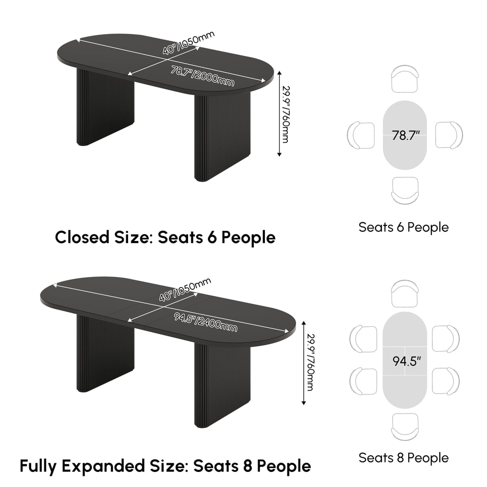Fluve 2000 mm - 2400 mm Extendable Oval Black Dining Table, Seats 6-8 weights dimensions image