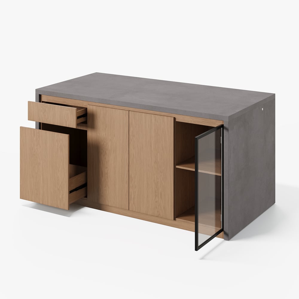 Ilha de cozinha moderna em cascata de 1800 mm com luz e armazenamento Imagem da janela