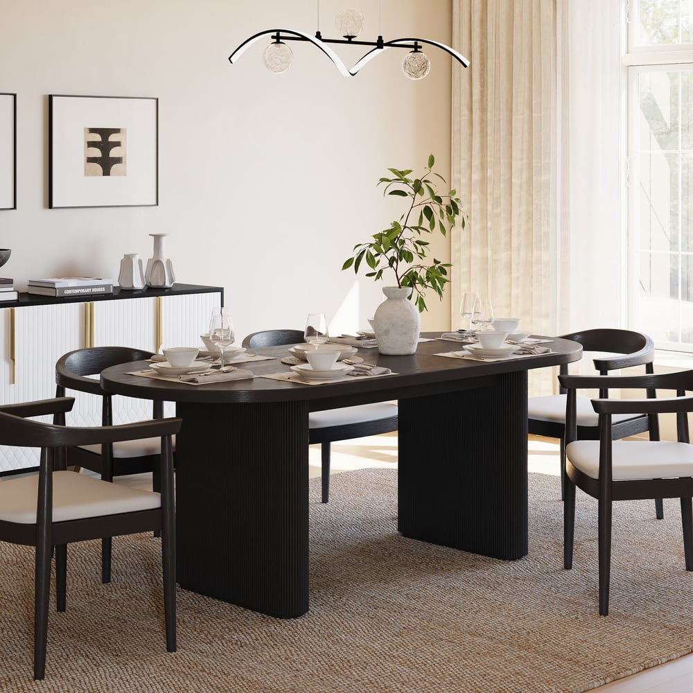 63"-79" Japandi Style Oval Extendable Dining Table Black Seats 4-6 People window image