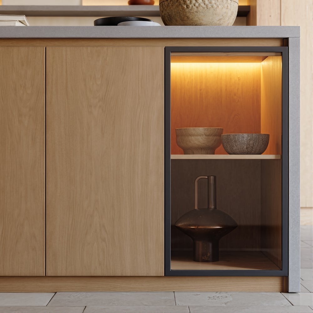 Ilha de cozinha moderna em cascata de 1800 mm com luz e armazenamento Imagem da janela