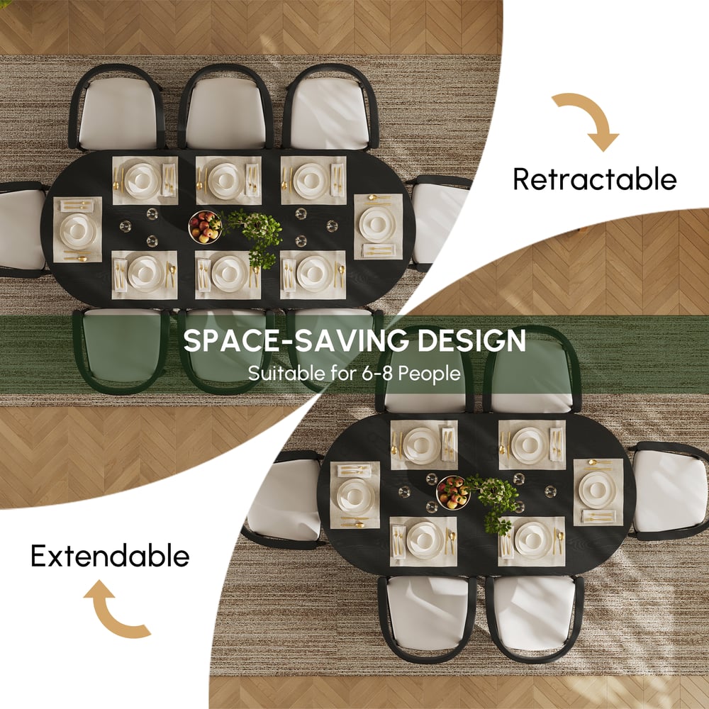 Table de salle à manger ovale extensible noire Fluve, 2 000 mm à 2 400 mm, feuille de papillon, 6 à 10 places image de fenêtre