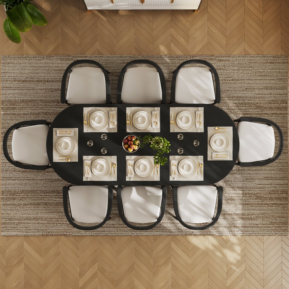 Table de salle à manger ovale extensible noire Fluve, 2 000 mm à 2 400 mm, feuille de papillon, 6 à 10 places image de fenêtre