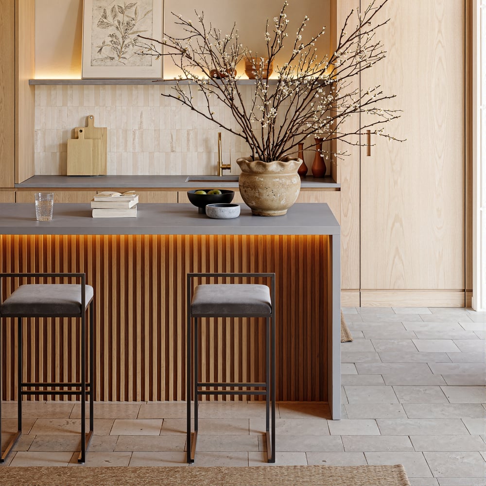 Ilha de cozinha moderna em cascata de 1800 mm com luz e armazenamento Imagem da janela