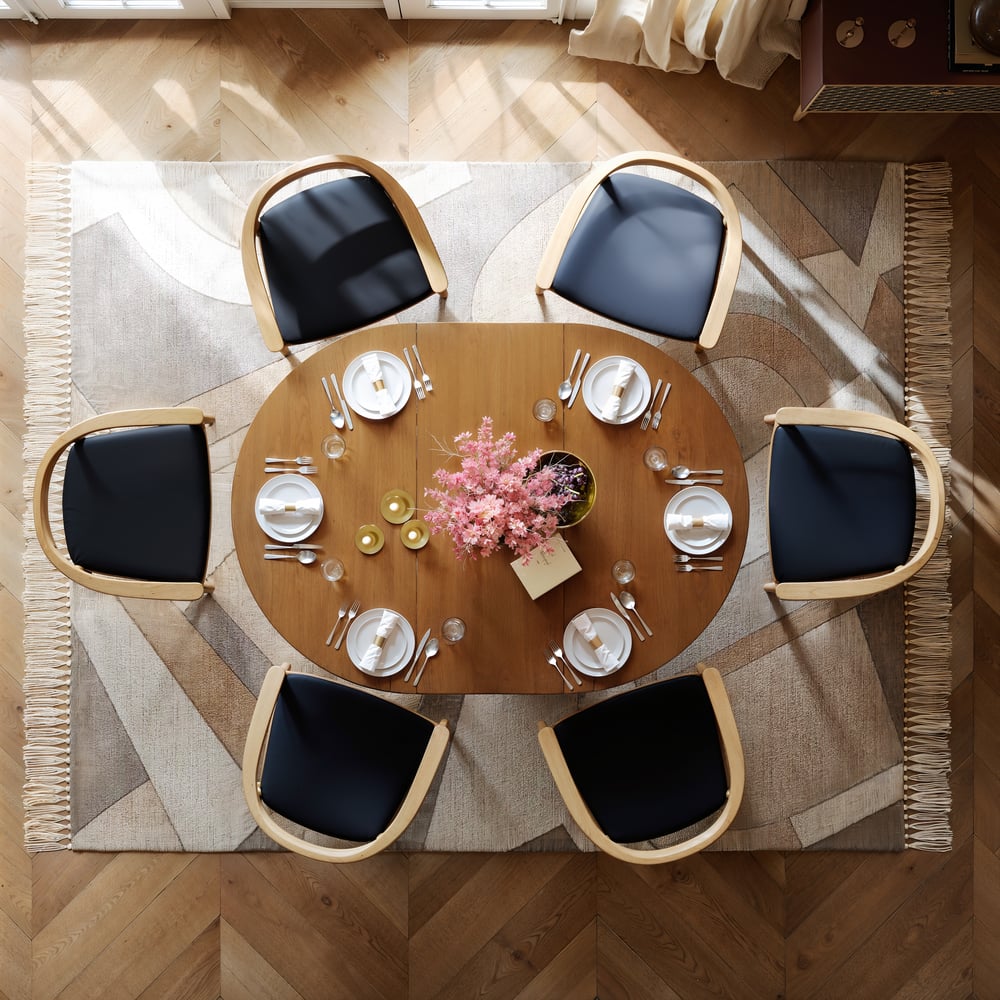 Mesa de comedor ovalada y redonda con pedestal extensible para 6 personas, nogal japonés imagen de ventana