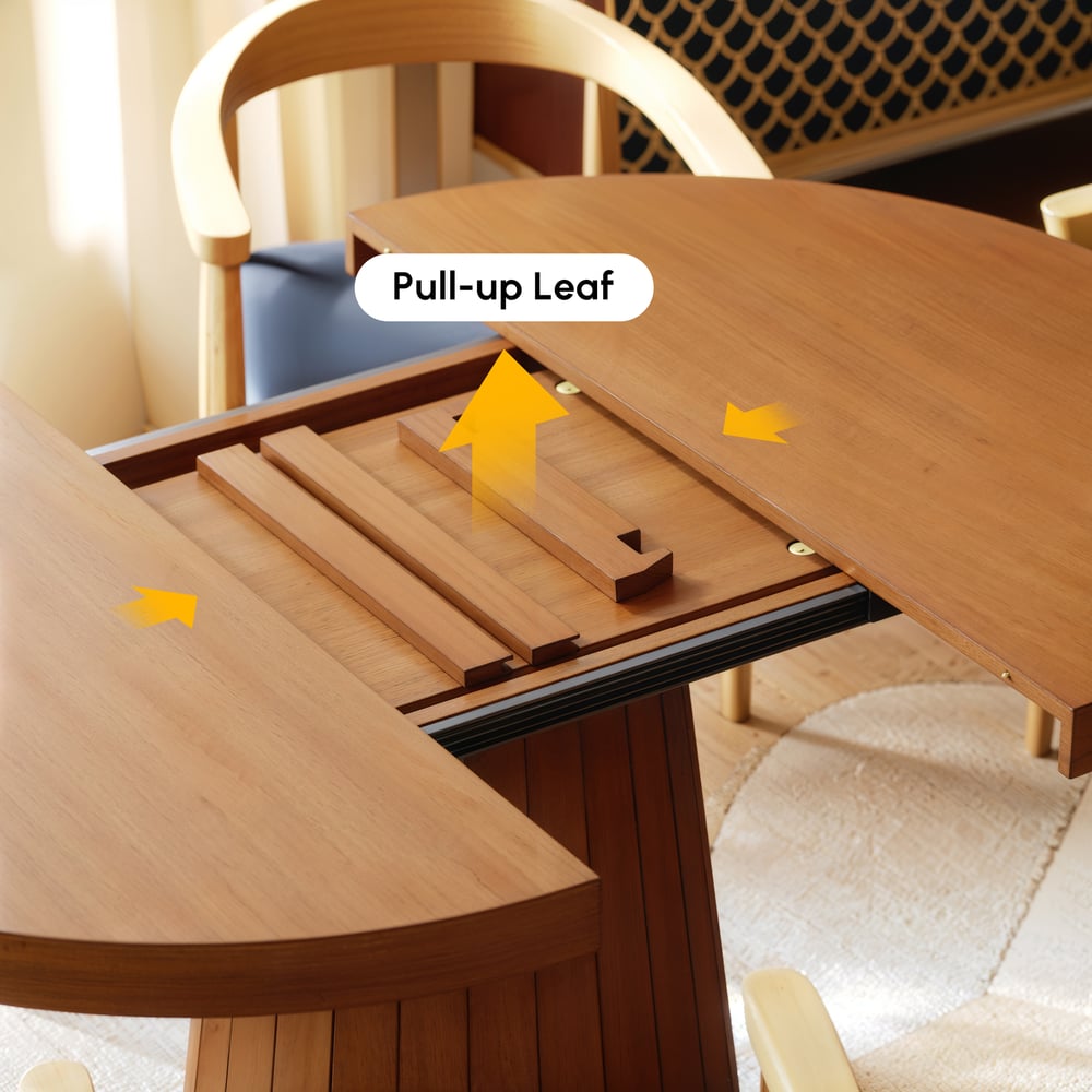 Mesa de comedor ovalada y redonda con pedestal extensible para 6 personas, nogal japonés imagen de ventana