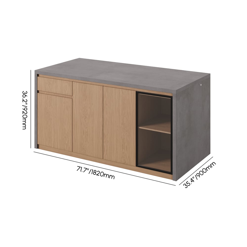 Ilha de cozinha moderna em cascata de 1800 mm com luz e armazenamento Imagem com pesos e dimensões