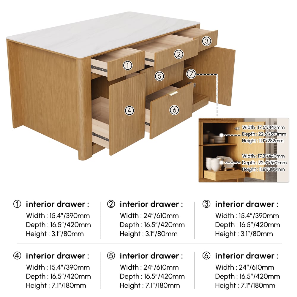 Îlot de cuisine en bois massif avec dessus en pierre frittée de 72 po avec rangement Poids, dimensions, image