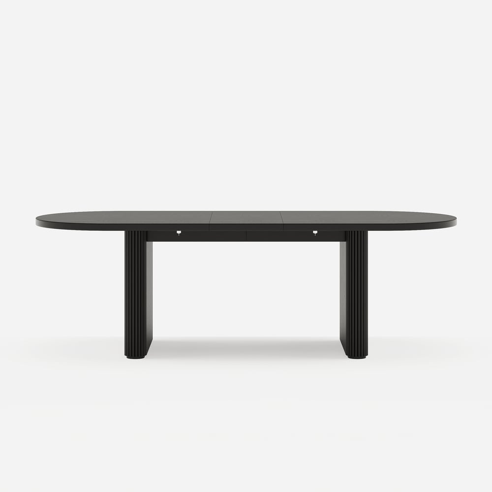 Table de salle à manger ovale extensible noire Fluve, 2 000 mm à 2 400 mm, feuille de papillon, 6 à 10 places image de fenêtre