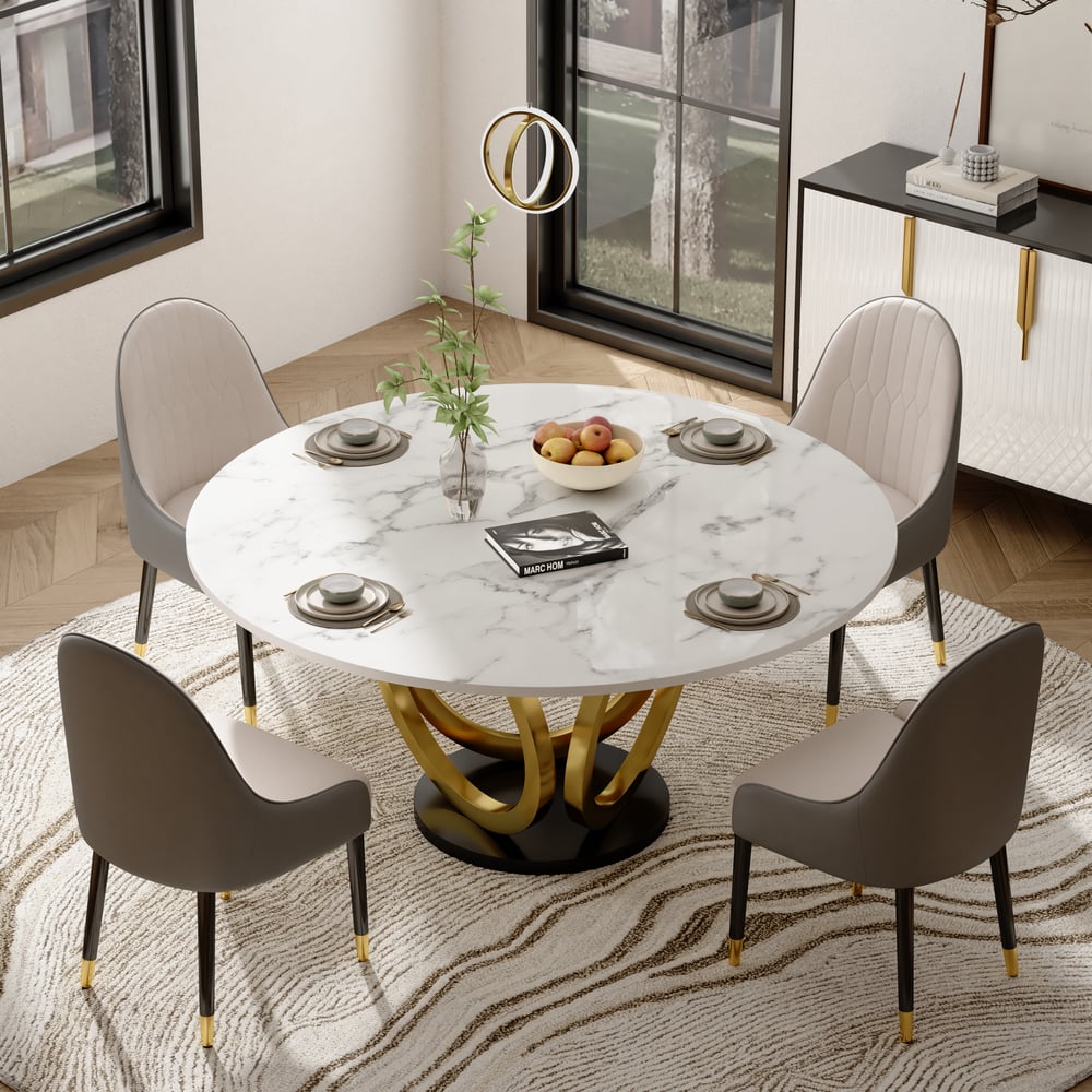 5 Piece Dining Room Set 1350mm Sintered Stone Top Round Dining Table White&Grey 4 Chairs window image