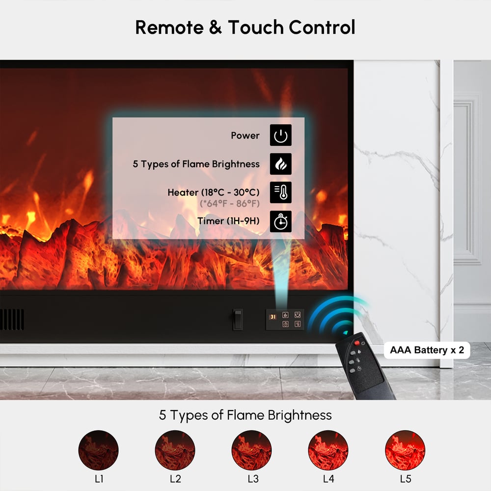 Moderne glazen elektrische tv-standaard voor open haard met afstandsbediening, instelbaar in temperatuur Vensterafbeelding