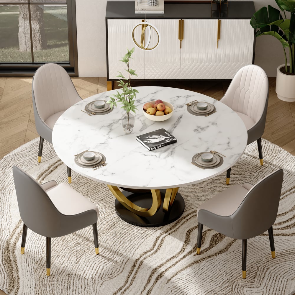 5 Piece Dining Room Set 1350mm Sintered Stone Top Round Dining Table White&Grey 4 Chairs window image