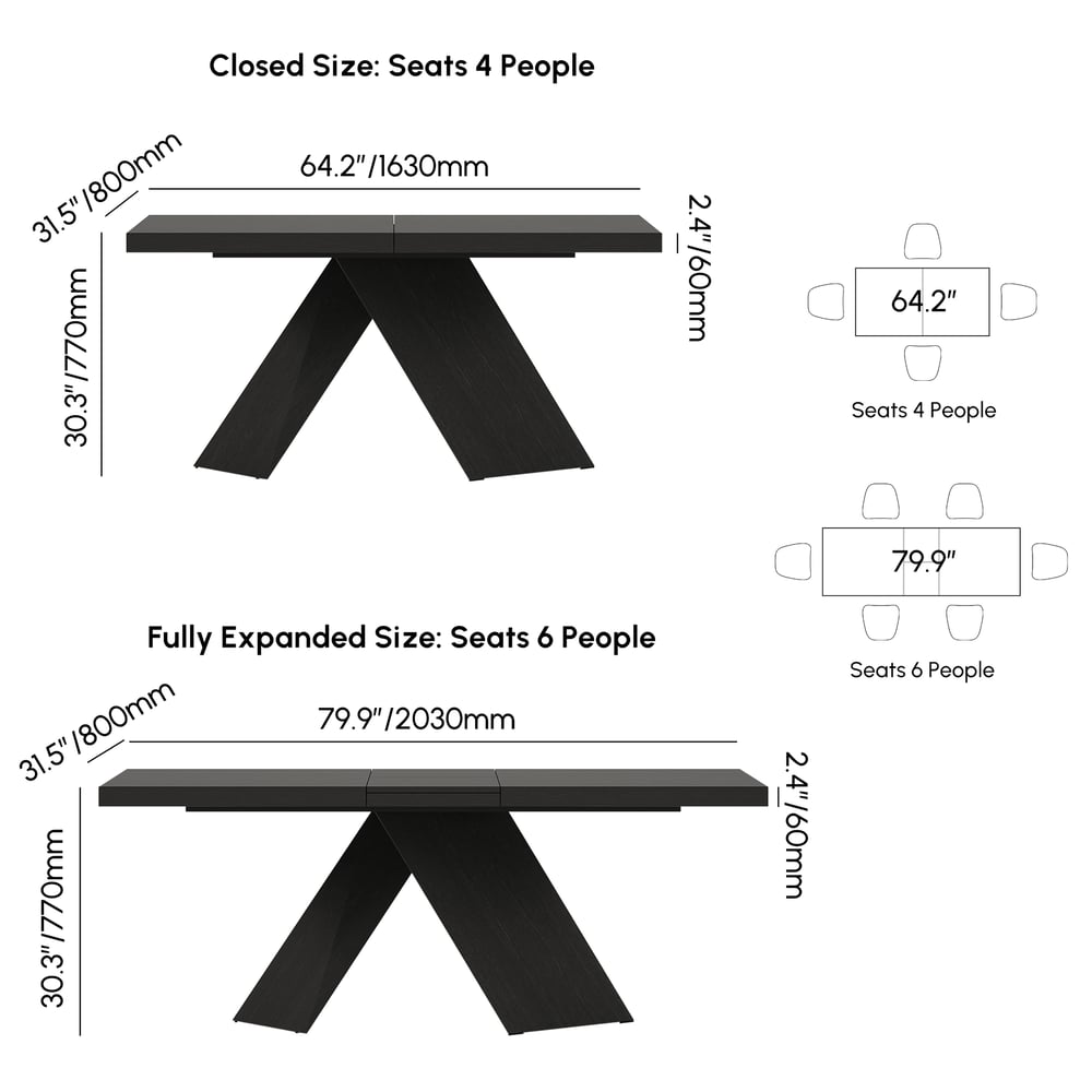1600mm-2000mm Extendable Black Dining Table & 4 Walnut Japandi Rattan Dining Chairs weights dimensions image