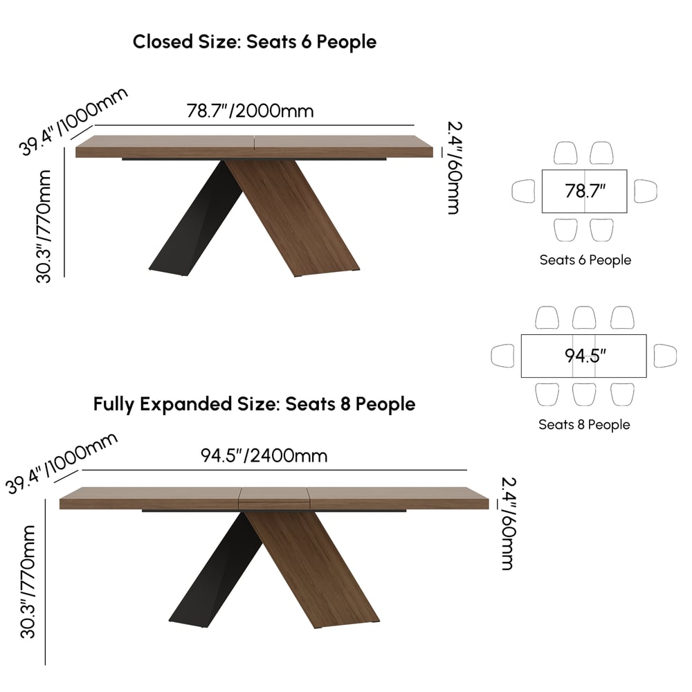 Dining Set 79''-94'' Extendable Walnut Table with 6 Chairs weights dimensions image
