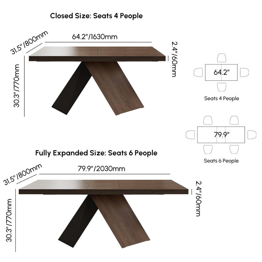 1600mm-2000mm Extendable Walnut Dining Table & 4 Walnut Japandi Rattan Dining Chairs weights dimensions image