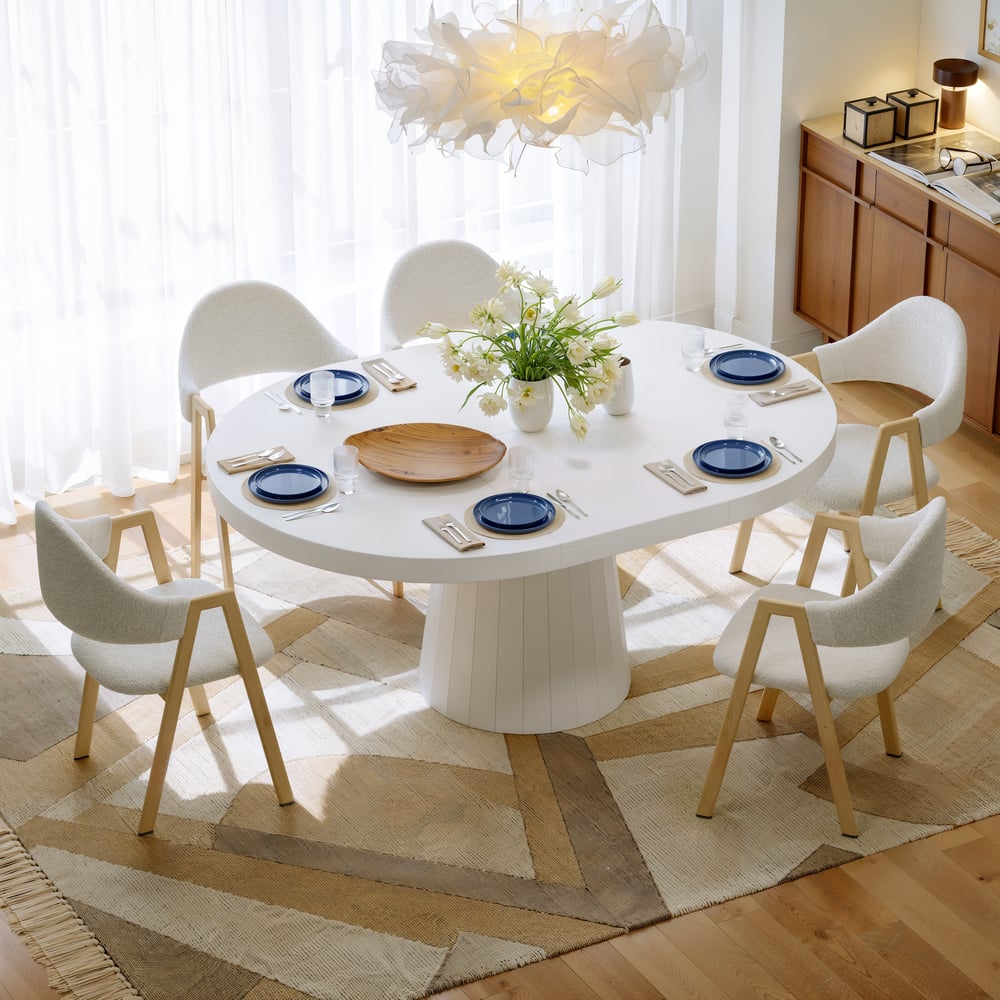 Dining Set 39"-55" Japandi Extendable Dining Table White with 6 Chairs window image