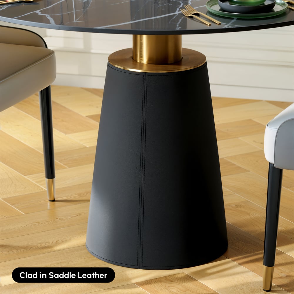 39" Sintered Stone Round Dining Table with Saddle Leather Base Seats 2-4 People window image