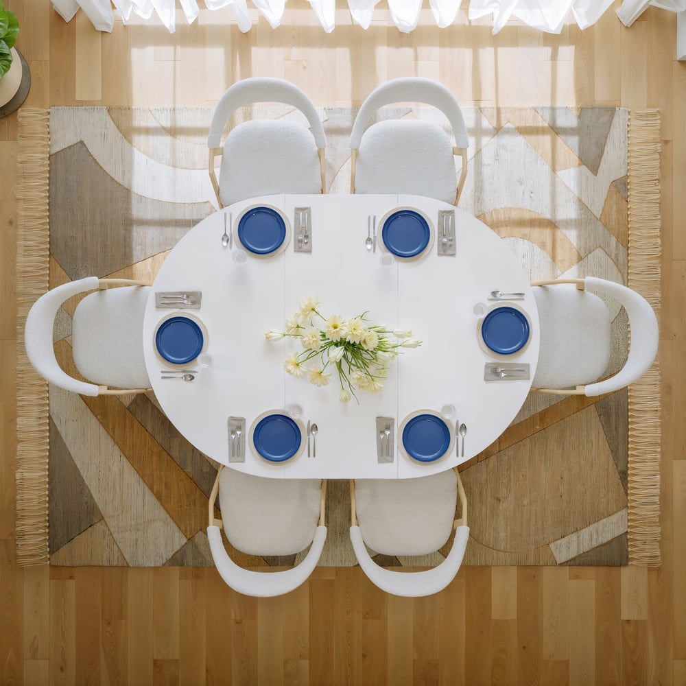 Dining Set 39"-55" Japandi Extendable Dining Table White with 6 Chairs window image