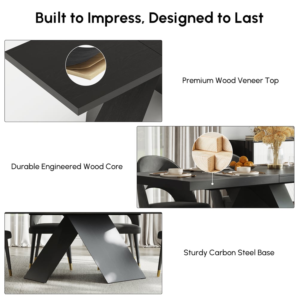 1600mm-2000mm Extendable Black Dining Table & 4 Walnut Japandi Rattan Dining Chairs window image