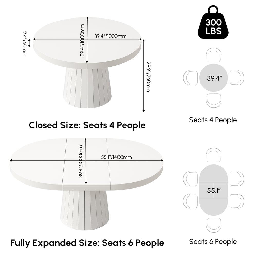 Dining Set 39"-55" Japandi Extendable Dining Table White with 4 Chairs window image