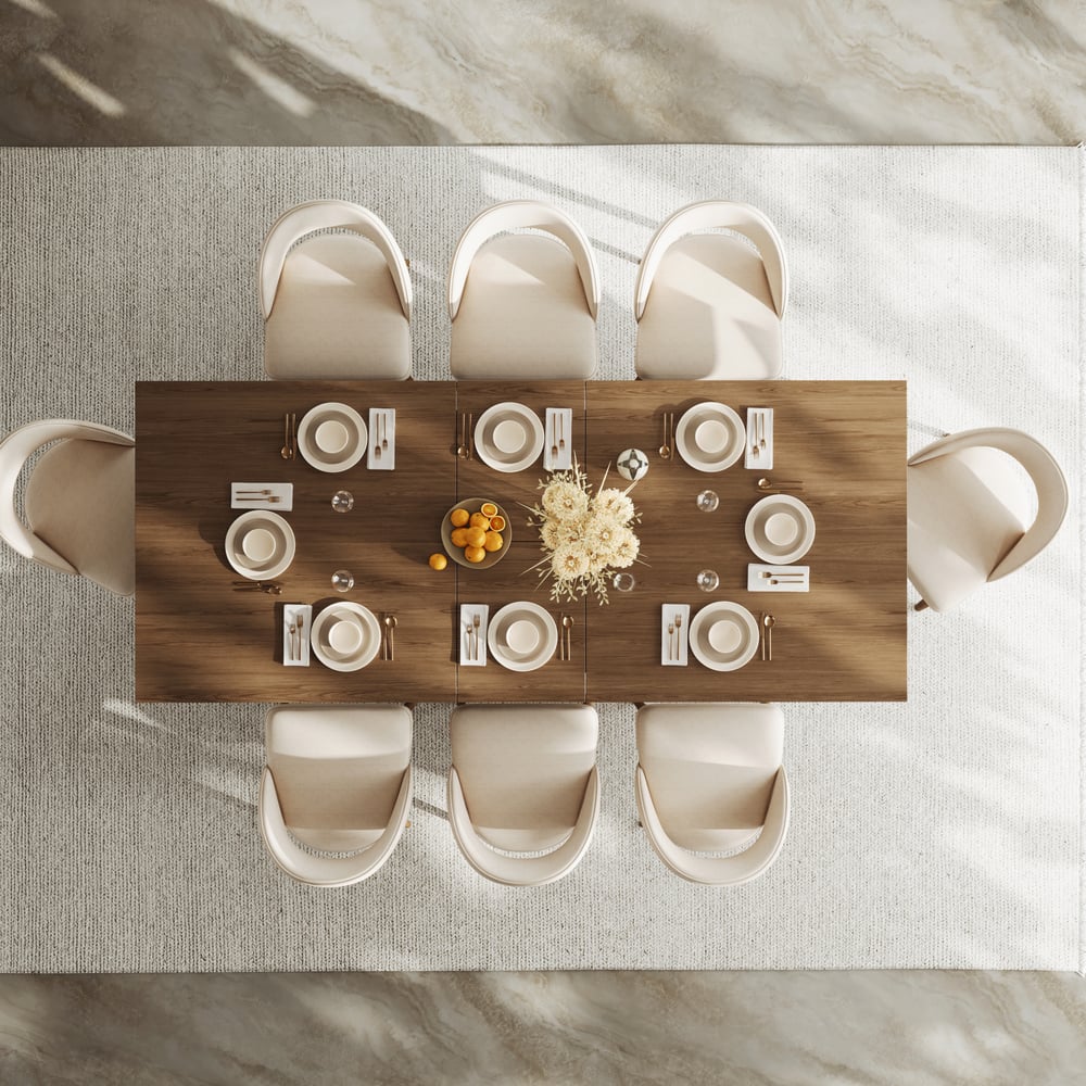 Dining Set 79"-94" Extendable Walnut Table with 8 Chairs window image