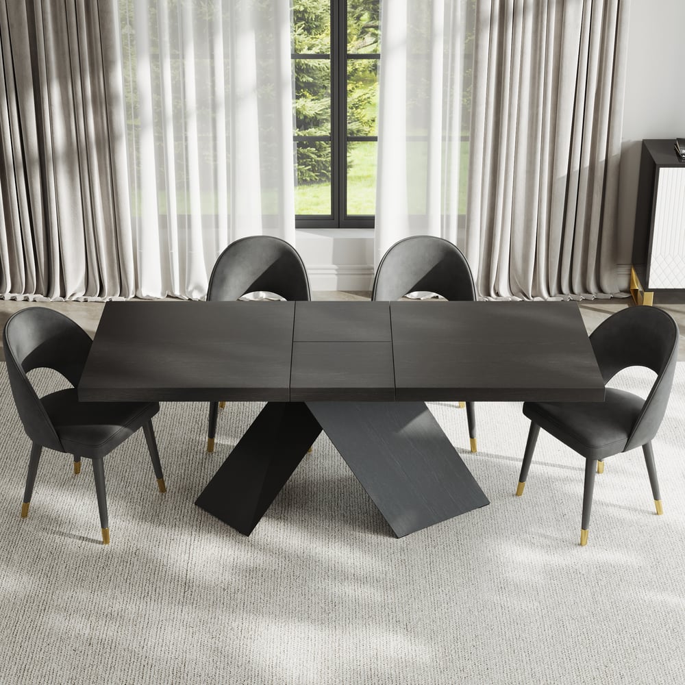 1600mm-2000mm Extendable Black Dining Table & 4 Walnut Japandi Rattan Dining Chairs window image