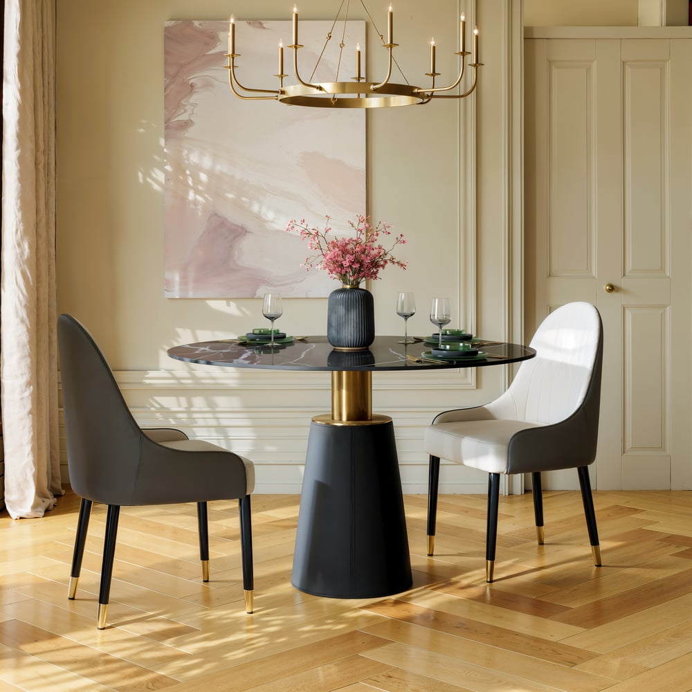 39" Sintered Stone Round Dining Table with Saddle Leather Base Seats 2-4 People window image