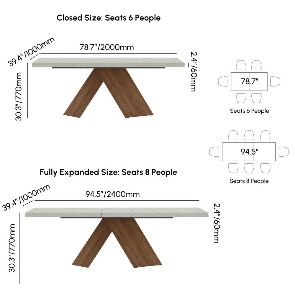Dining Set 79"-94" Extendable Gray Table with 6 Chairs weights dimensions image